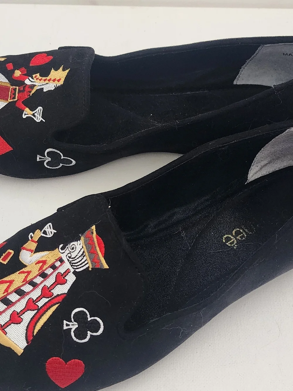 J.Renee Black Velvet Loafers with Colorful Playing Card Embroidery
